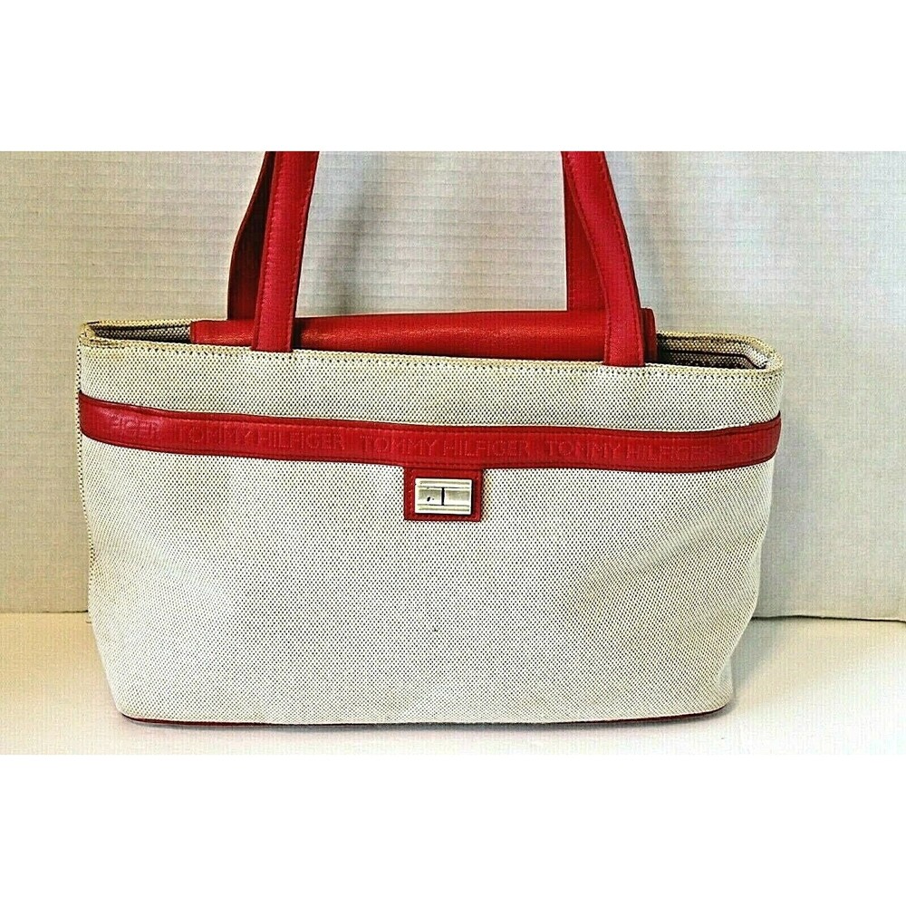 Tommy Hilfiger Purse Vintage Tan Red Canvas Leather Womens Handbag - Picture 3 of 11